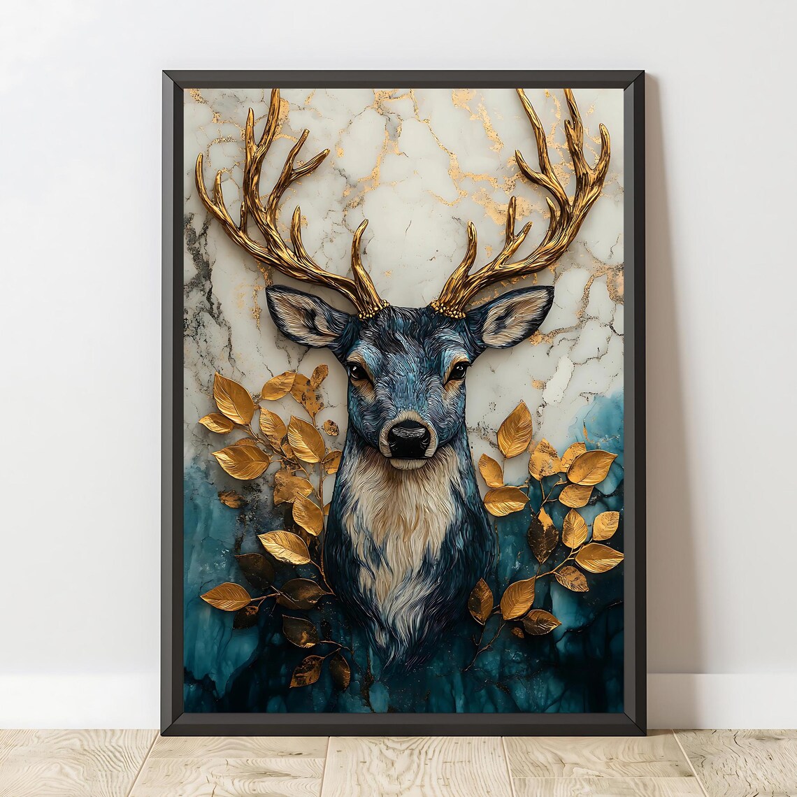 Majestic Deer Golden Antlers Teal Marble Background Blue Gold Wall Poster - Image 2