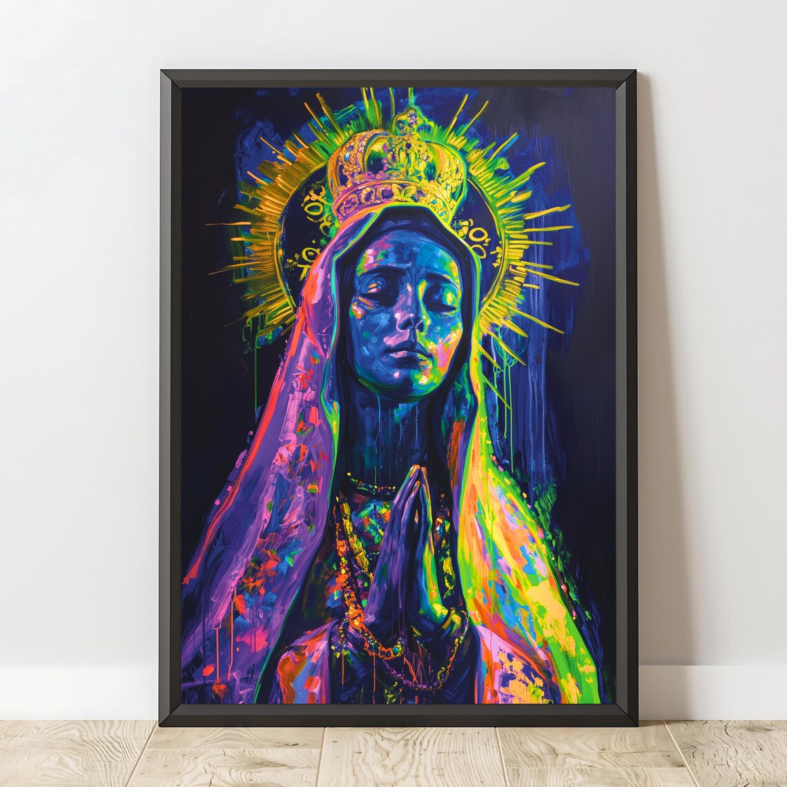 Neon Virgin Mary Golden Crown Praying Hands Modern Catholic Wall Art Poster - Image 2