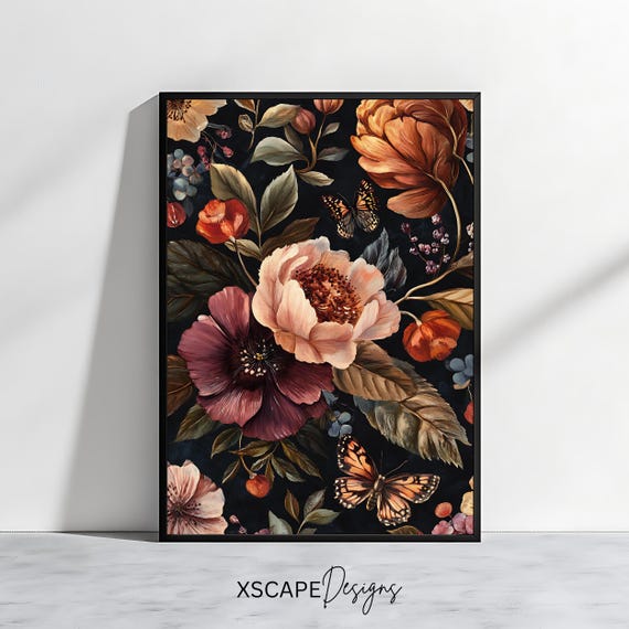Dark Floral Art Print Vintage Botanical Wall Art Butterfly Artwork Elegant Home Decor