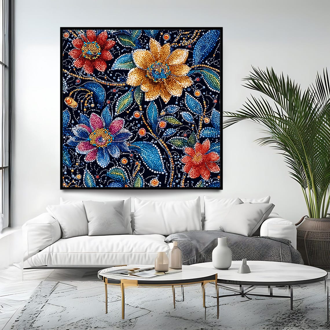 Pointillism Dot Art Floral Bouquet Jewel Tones On Midnight Blue Poster - Image 4