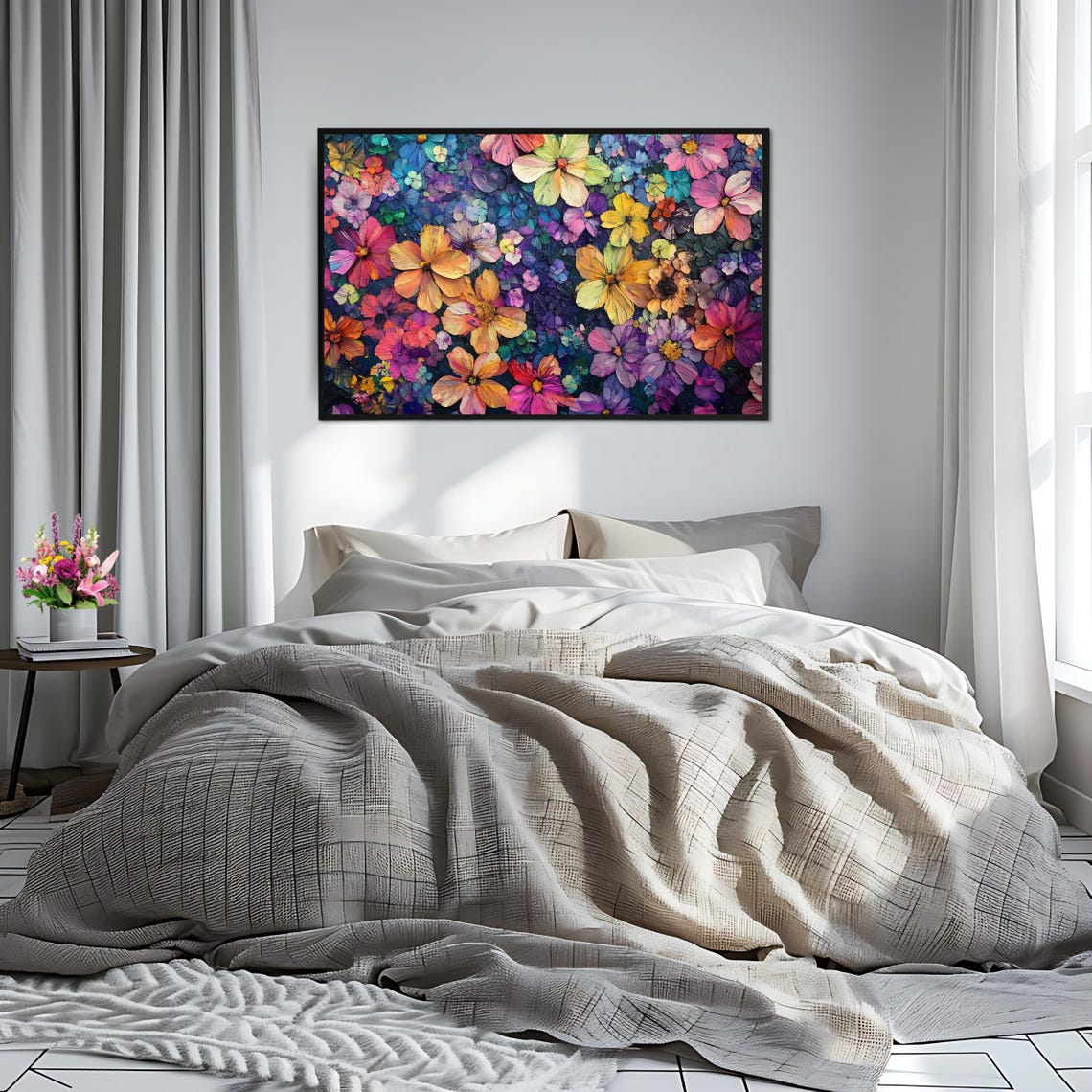 Colorful Cosmos Daisy Flower Field Impasto Painting Vibrant Wall Art - Image 2