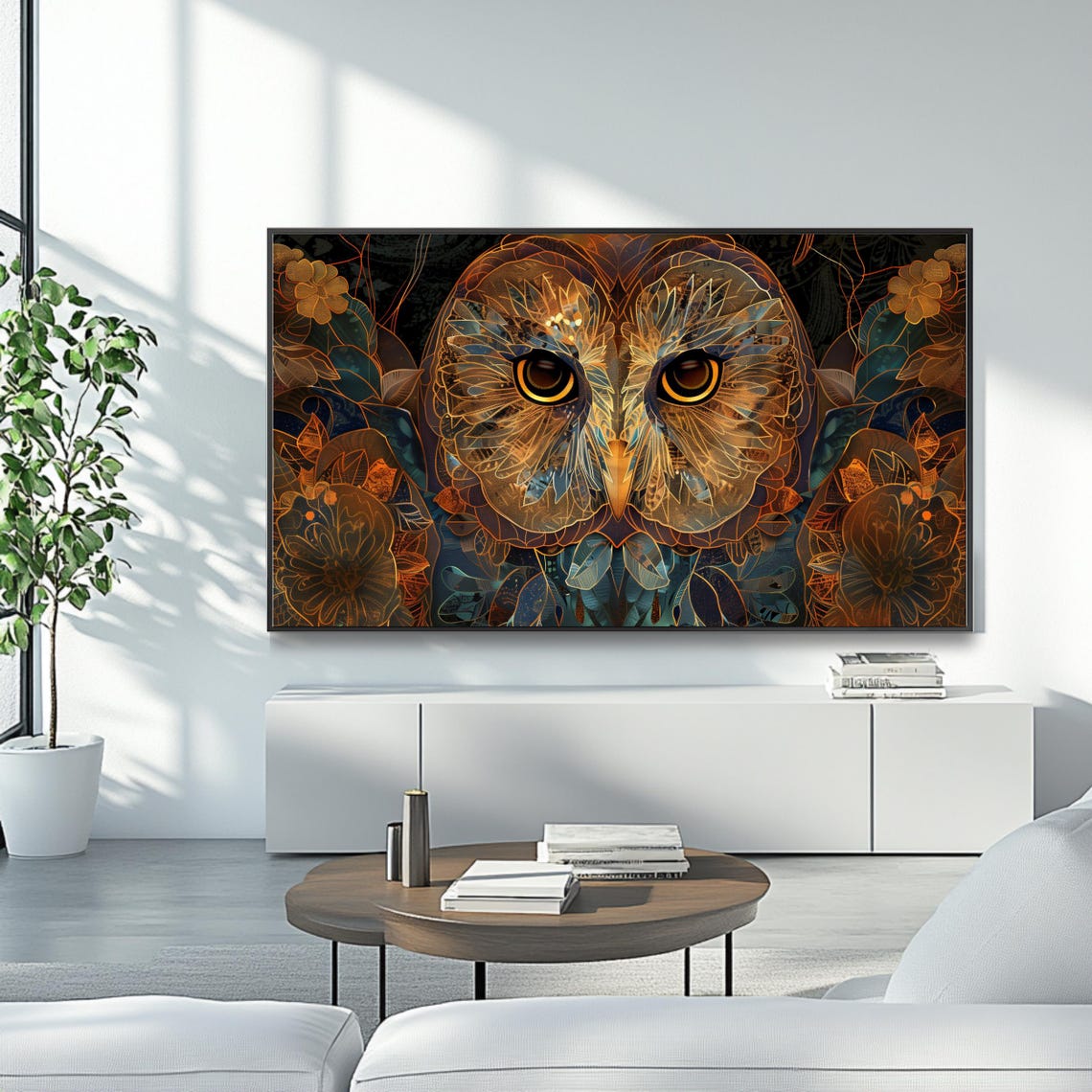 Mystical Golden Owl Art Nouveau Floral Frame TV Bird Wall Art - Image 4