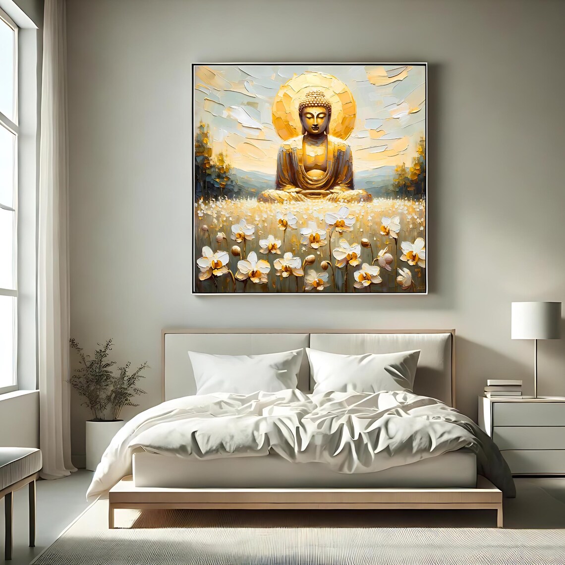 Golden Buddha Meditation Among White Orchids Spiritual Gold Wall Art Poster - Image 2