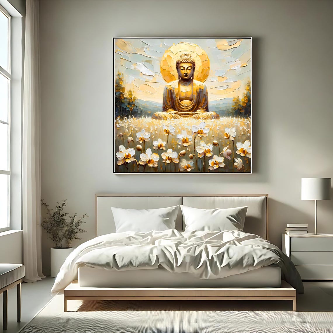 Golden Buddha Square Art Print Serene Artwork Spiritual Wall Decor Buddhist Art - Image 2