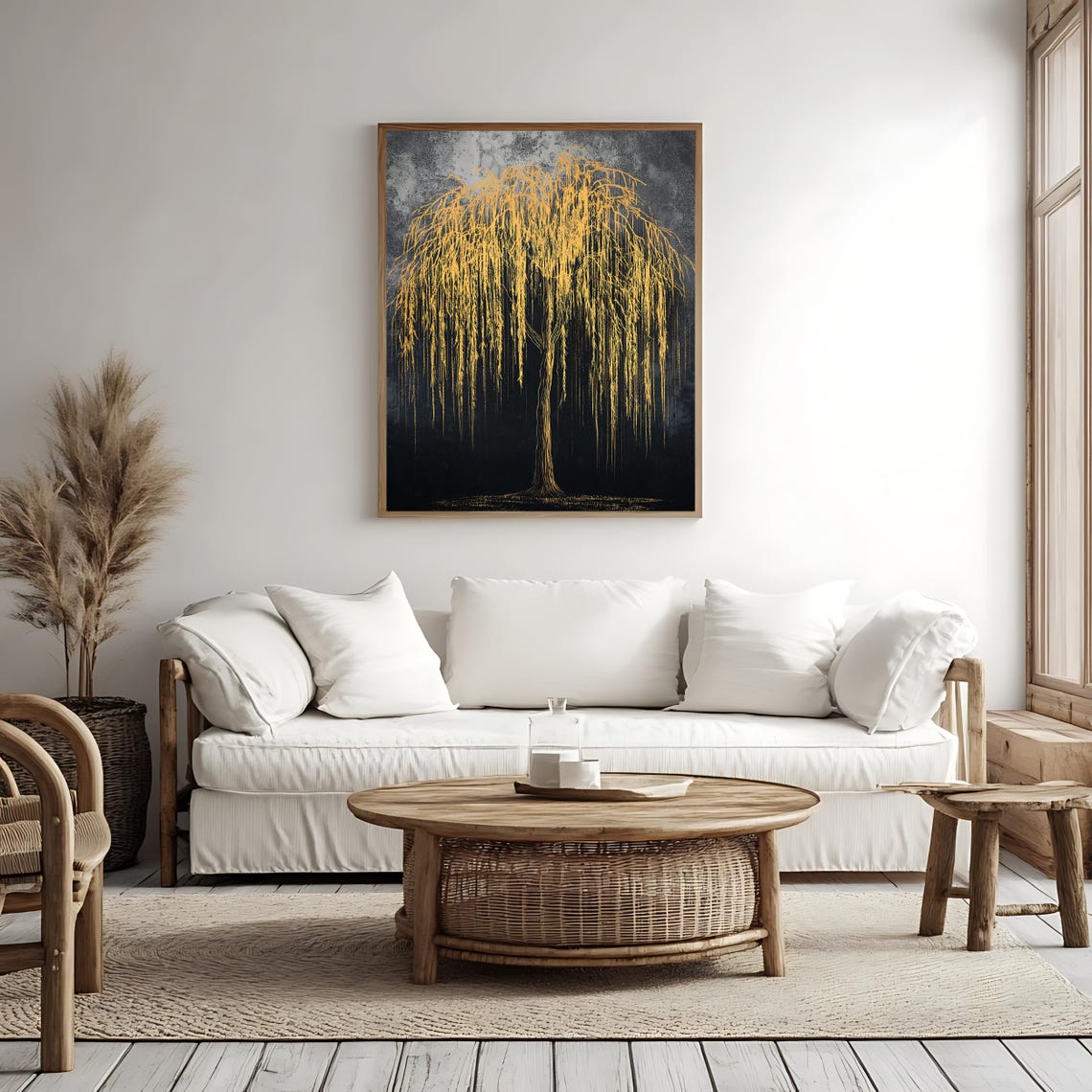 Golden Weeping Willow Tree Dark Background Elegant Botanical Wall Art - Image 4
