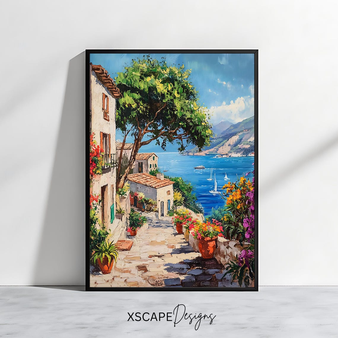 Mediterranean Coastal Village Stone Path Sea Sailboats Oil Art Poster