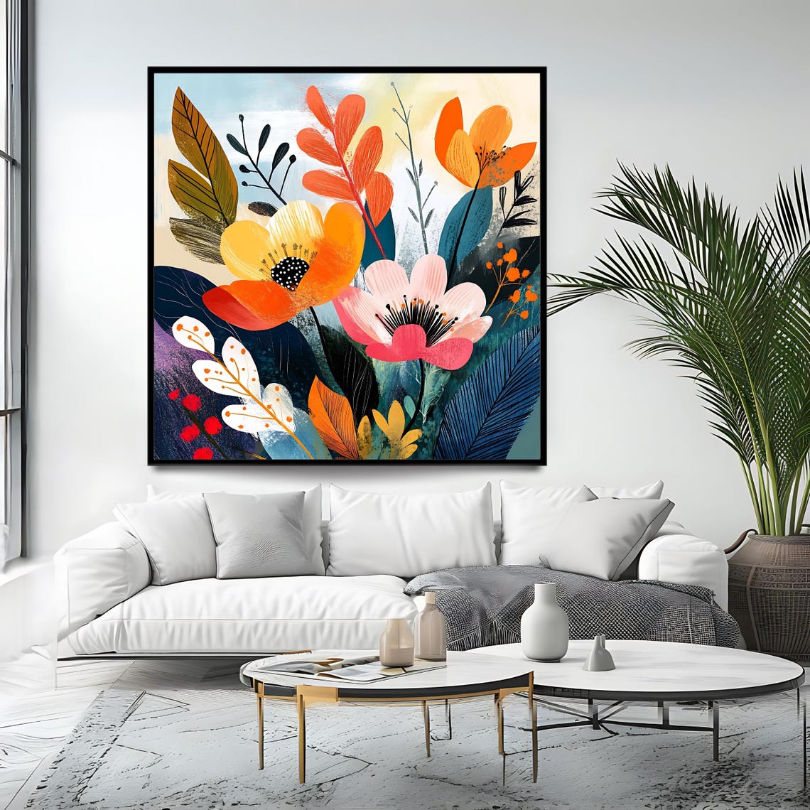 Modern Abstract Colorful Floral Art Orange Pink Blooms Wall Art Print - Image 4