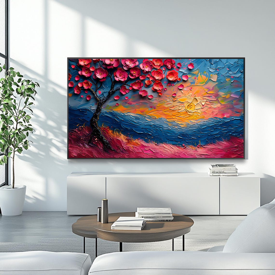 Cherry Blossom Tree Sunset Ocean Waves Textured 3D Floral Art Poster - Image 4