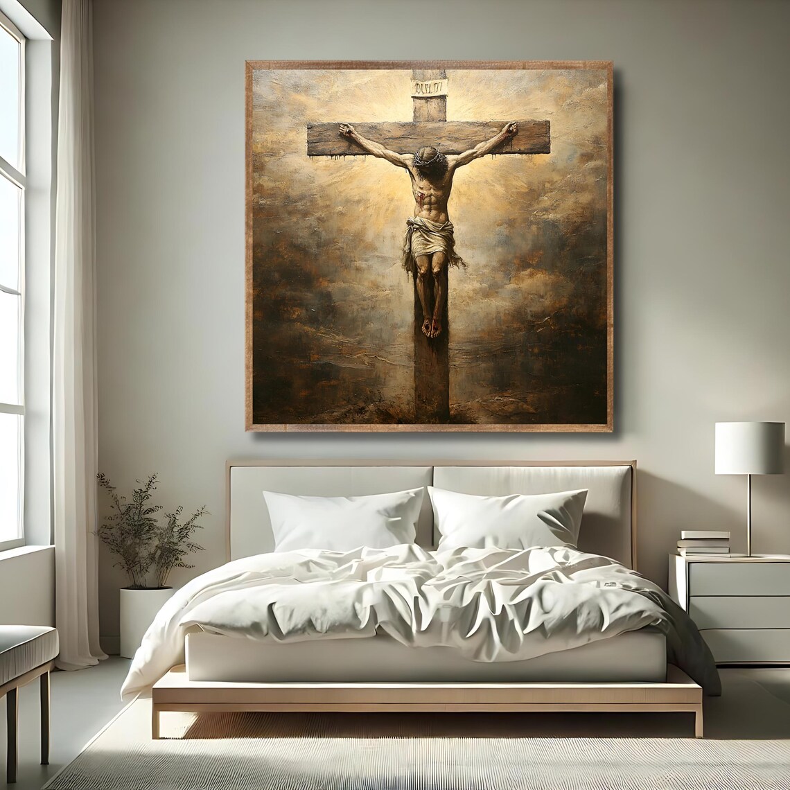 Crucifixion of Jesus on the Cross Dramatic Clouds Antique Religious Art Print - Image 2