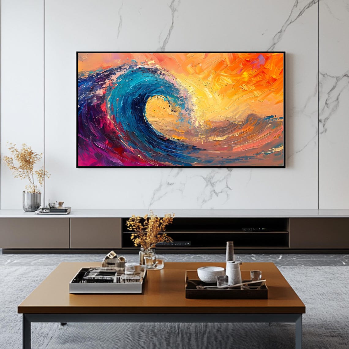 Vibrant Ocean Wave Curling Sunset Orange Impasto Surf Poster - Image 2
