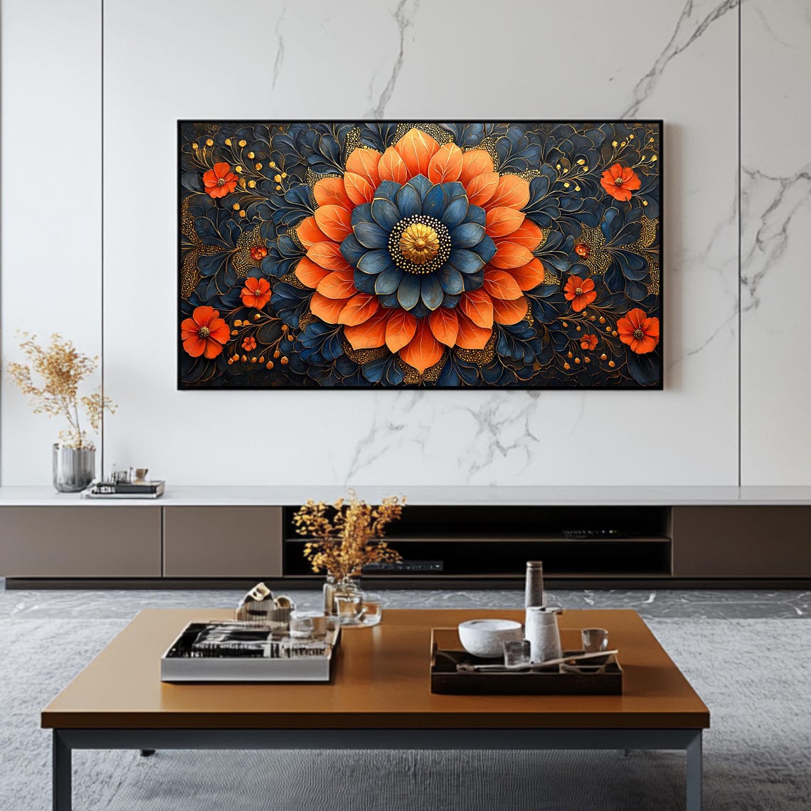 Islamic Floral Mandala Orange Blue Ornate Geometric Wall Art Poster - Image 2