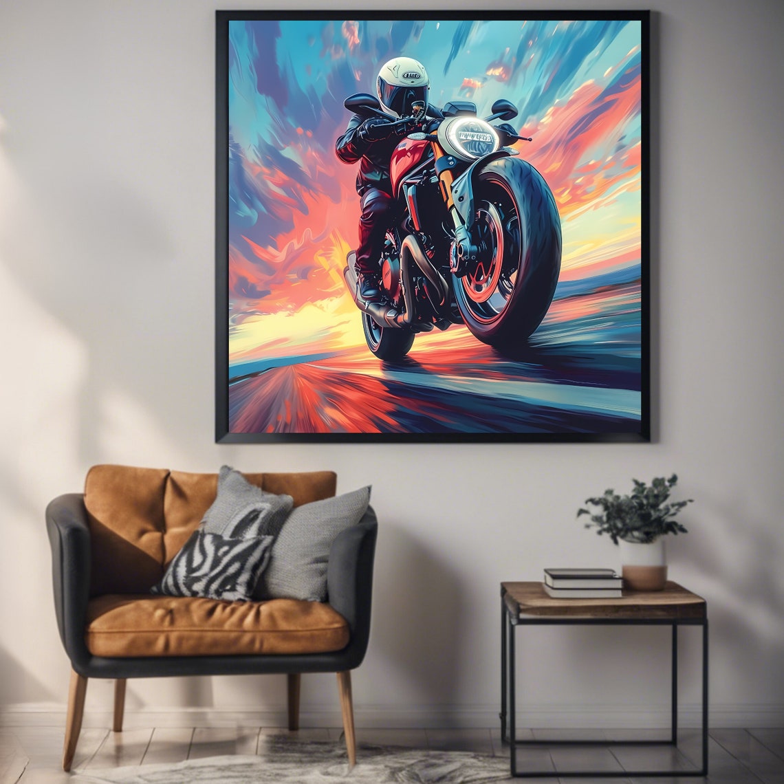 Sunset Motorcycle Wall Art Print Square Artwork Motorcycle Poster For Home Decor - Image 3