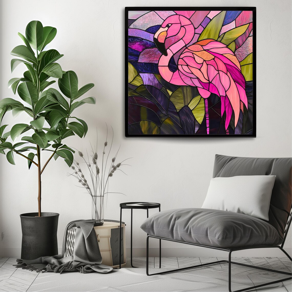 Pink Flamingo Stained Glass Art Tropical Leaves Colorful Bird Wall Art - Image 3