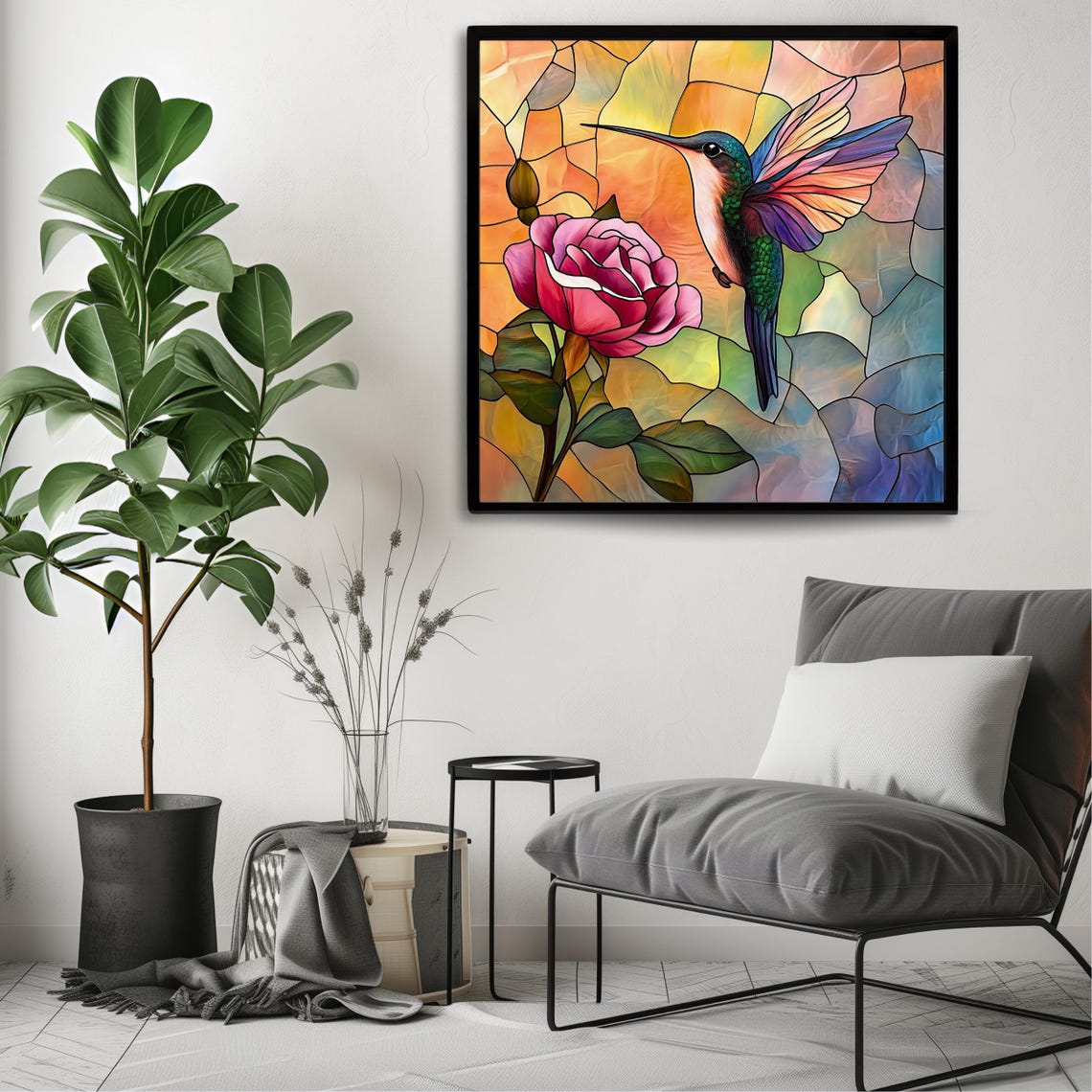 Hummingbird And Rose Stained Glass Style Colorful Floral Bird Poster - Image 3