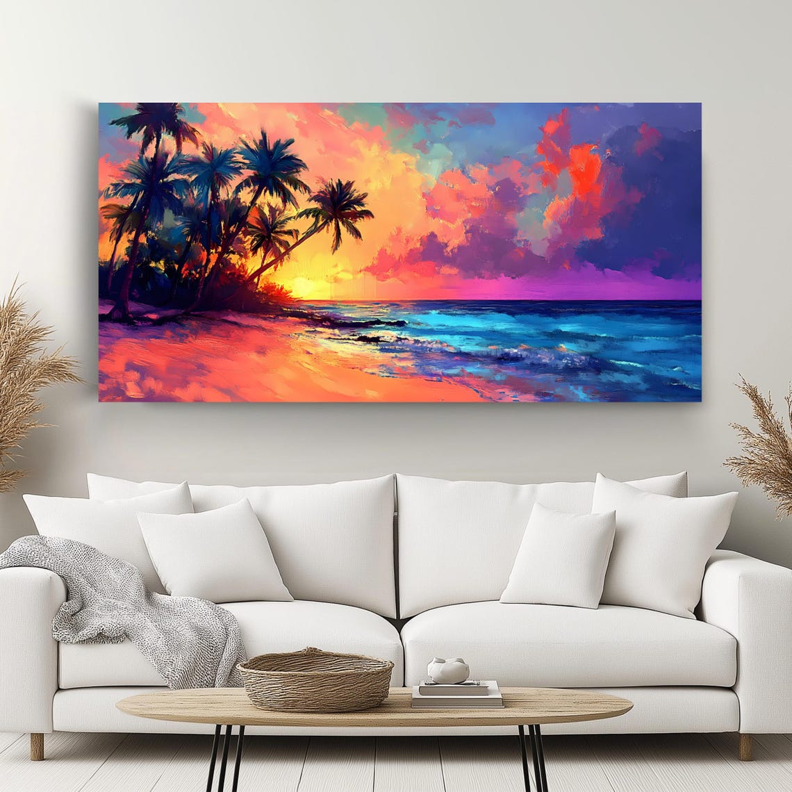 Tropical Beach Sunset Palm Trees Neon Pink Ocean Waves Travel Poster - Image 2