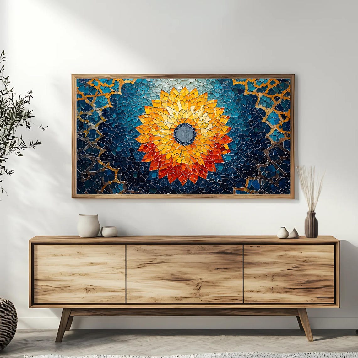 Golden Sunflower Mosaic Mandala Frame TV Art Blue Gold Abstract Poster - Image 3