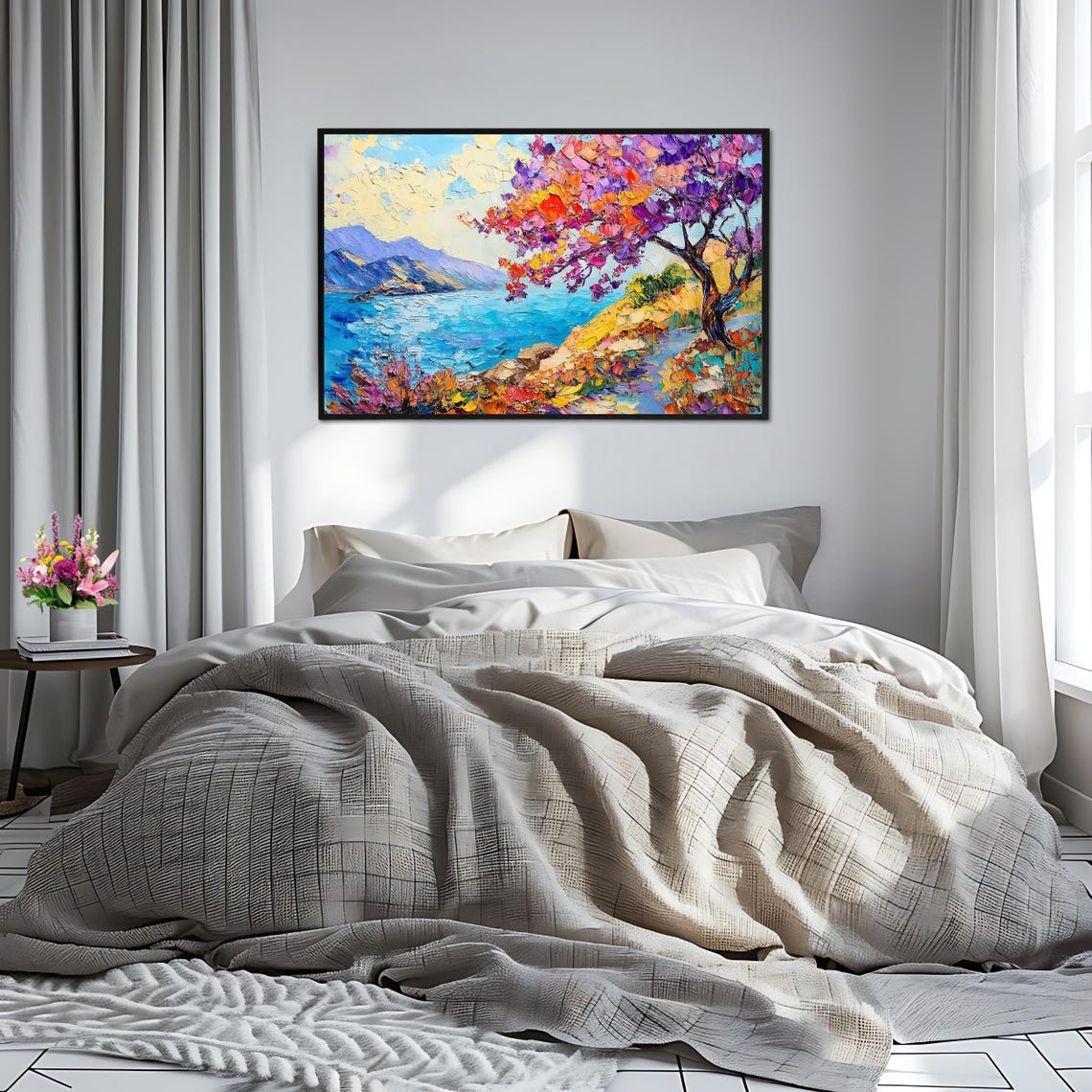 Blossoming Coastal Tree Turquoise Bay Impasto Seaside View Poster - Image 2