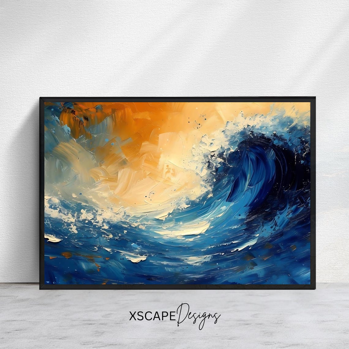 Blue and Gold Abstract Ocean Wave Dramatic Seascape Textured Poster