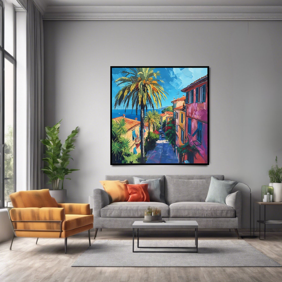 Mediterranean Street Palm Trees Colorful Buildings Blue Sea View Print - Image 2