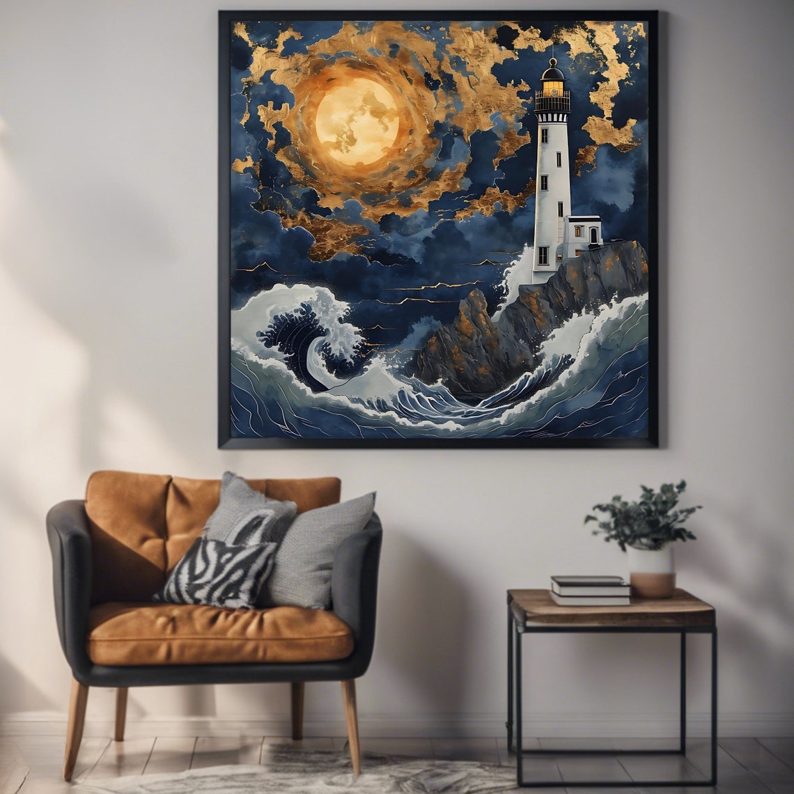 Lighthouse Full Moon Stormy Waves Night Sky Nautical Art Print Poster - Image 2