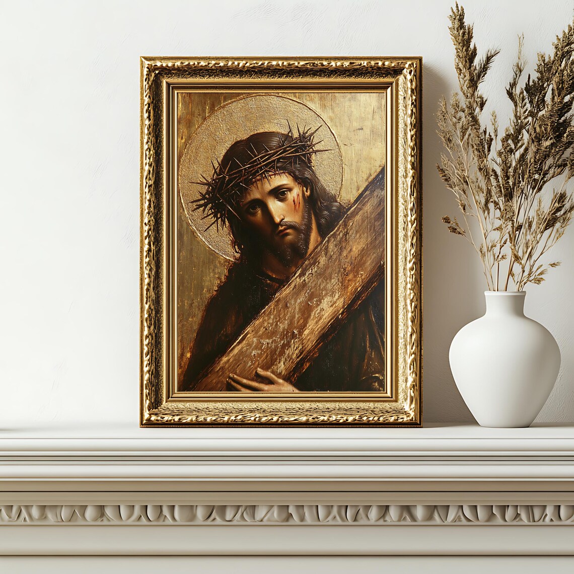 Jesus Christ Crown Of Thorns Carrying Cross Golden Halo Sacred Print - Image 2