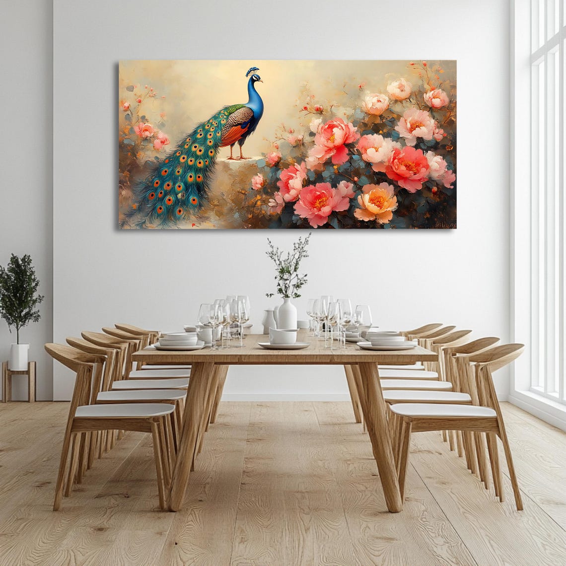 Peacock Among Pink Peonies Elegant Panoramic Oil Style Floral Wall Art - Image 3