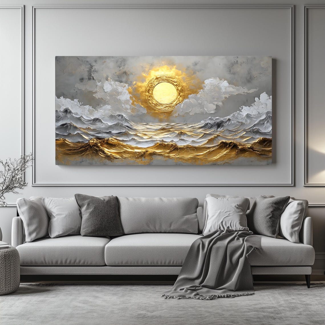 Golden Sun Abstract Ocean Waves Gray Sky Panoramic Seascape Poster - Image 4