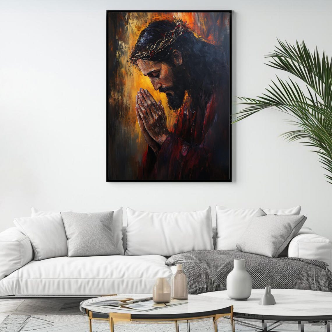 Jesus Praying Crown of Thorns Dark Moody Religious Portrait Poster - Image 4