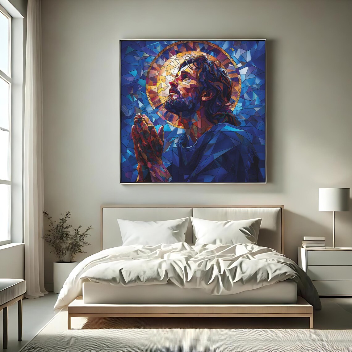 Jesus Christ Praying Stained Glass Mosaic Style Blue Religious Art Poster - Image 2