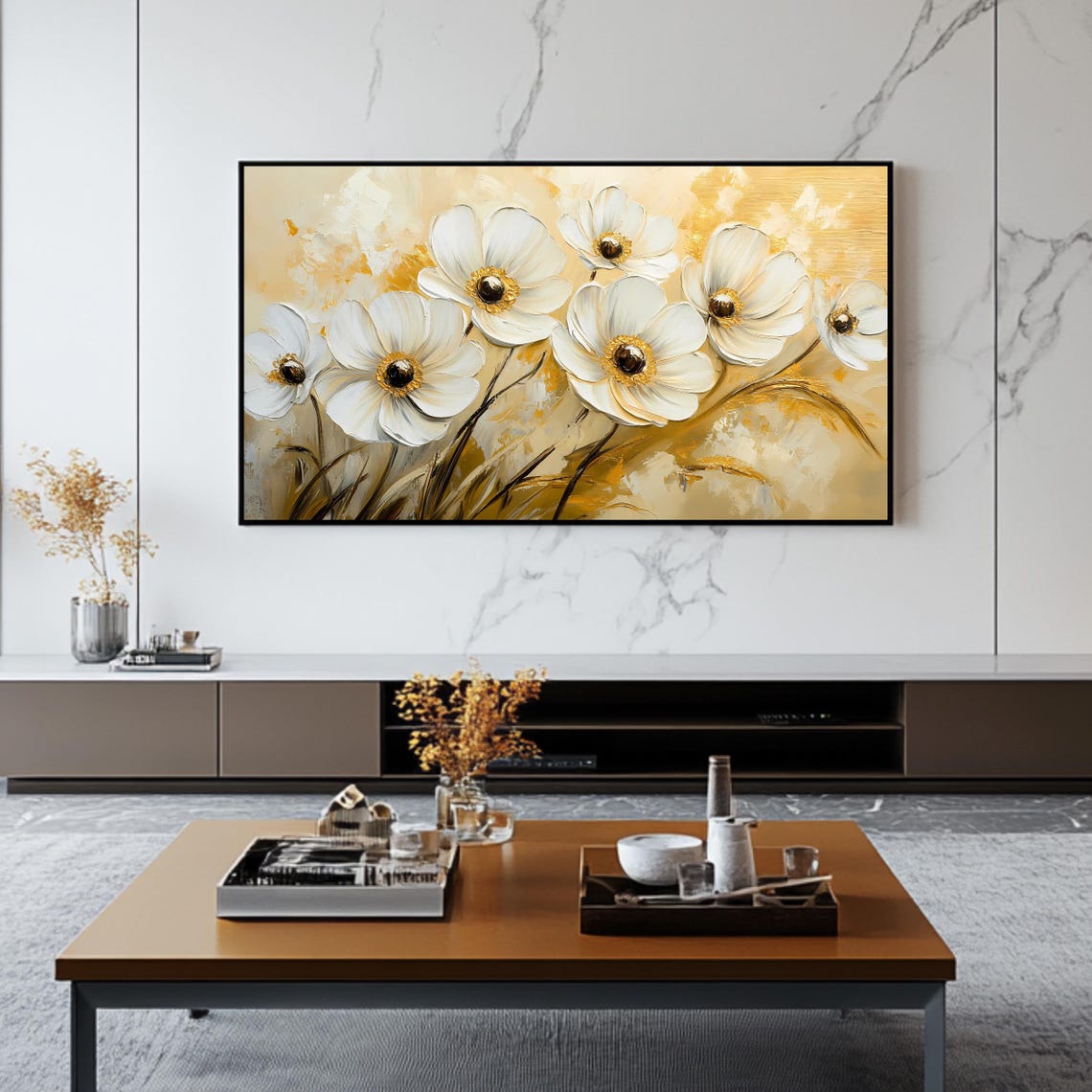 White Anemone Flowers Golden Impasto Botanical Floral Painting Poster - Image 2