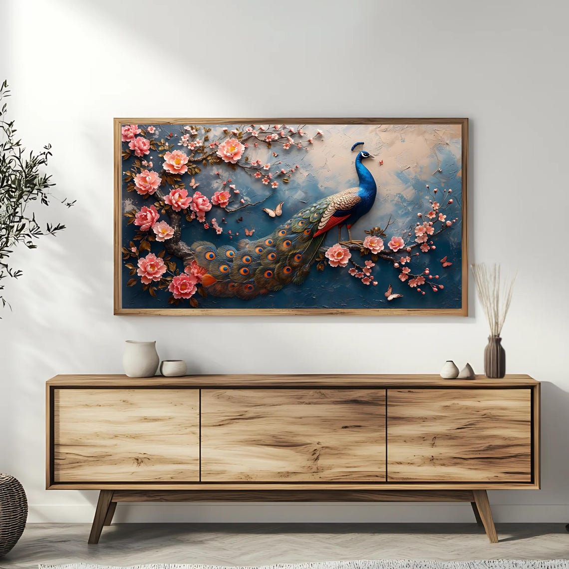 Elegant Peacock Blossom Branch Butterflies Blue Floral Poster - Image 3