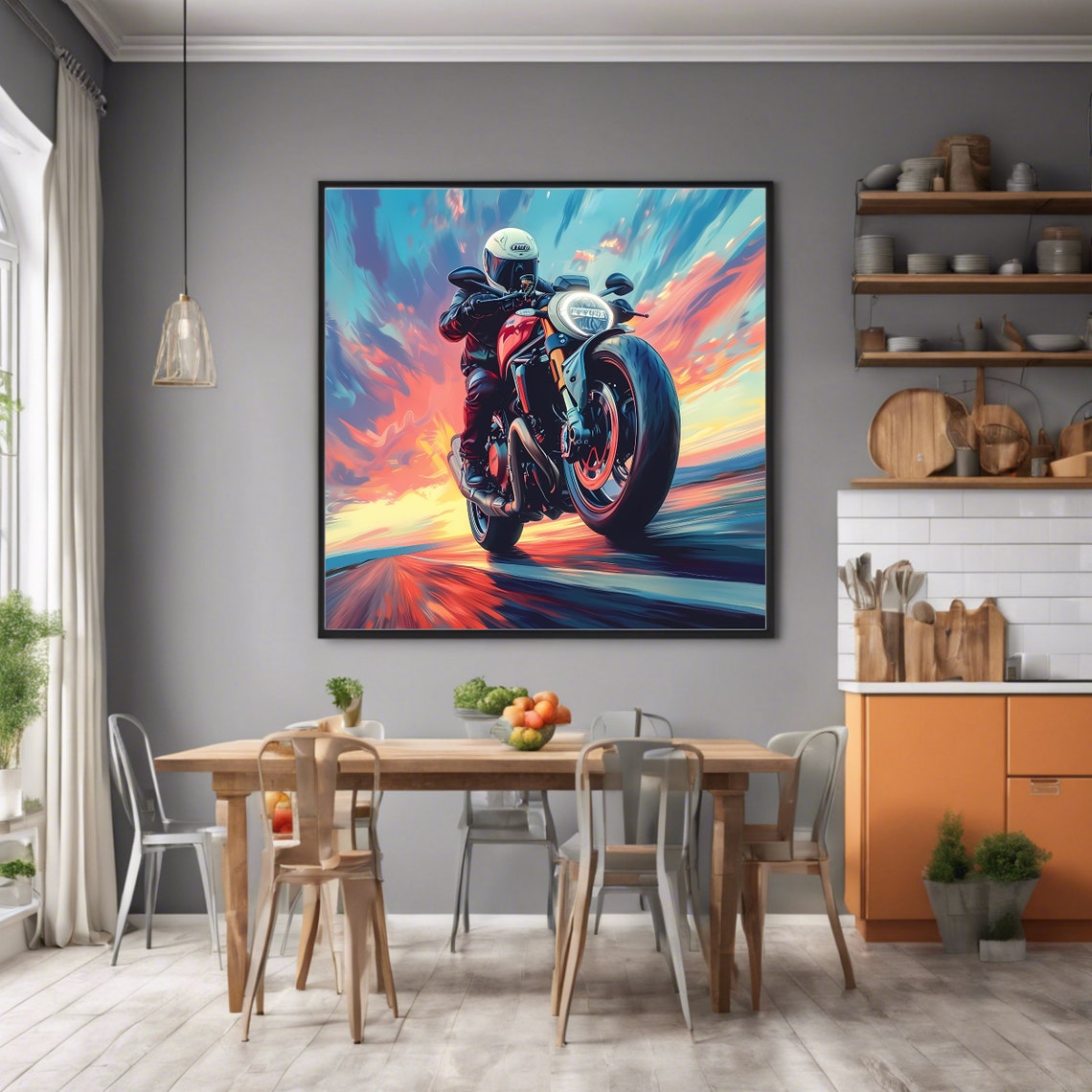 Sunset Motorcycle Rider Open Road Speed Colorful Automotive Art Poster - Image 2