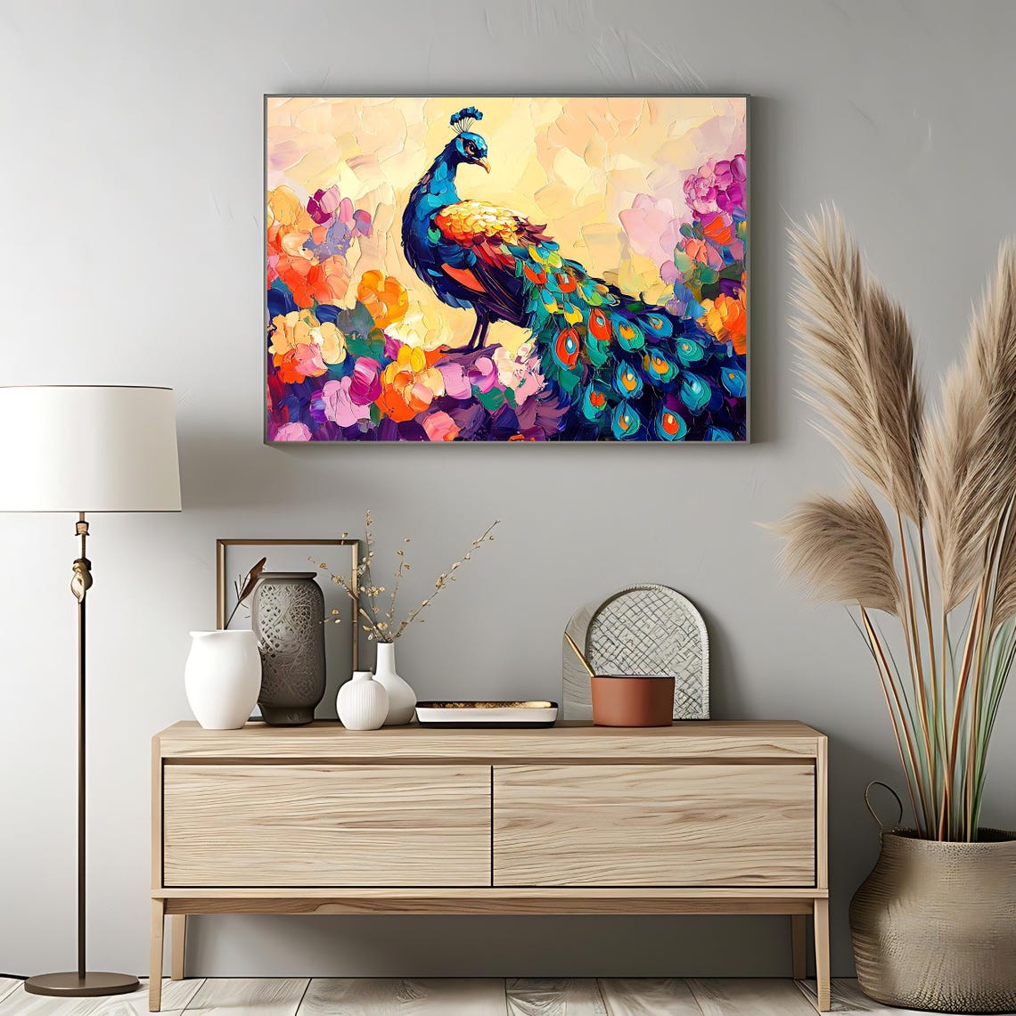 Peacock Colorful Feathers Floral Impasto Painting Vibrant Bird Poster - Image 3