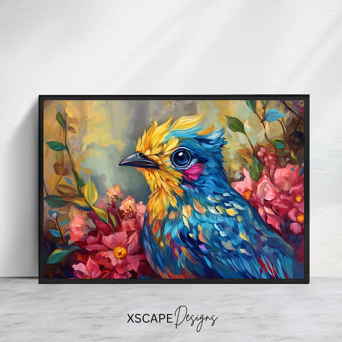 Colorful Songbird Blue Gold Feathers Pink Blossom Flower Poster