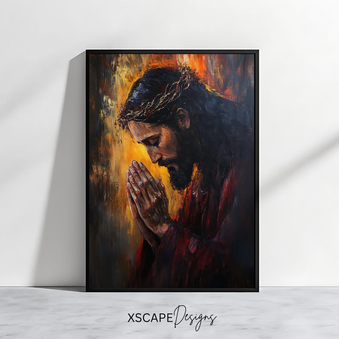 Jesus Praying Crown of Thorns Dark Moody Religious Portrait Poster
