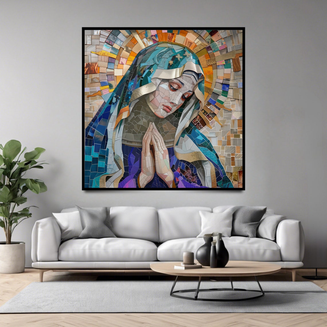 Praying Virgin Mary Colorful Mosaic Halo Catholic Religious Art Print - Image 4
