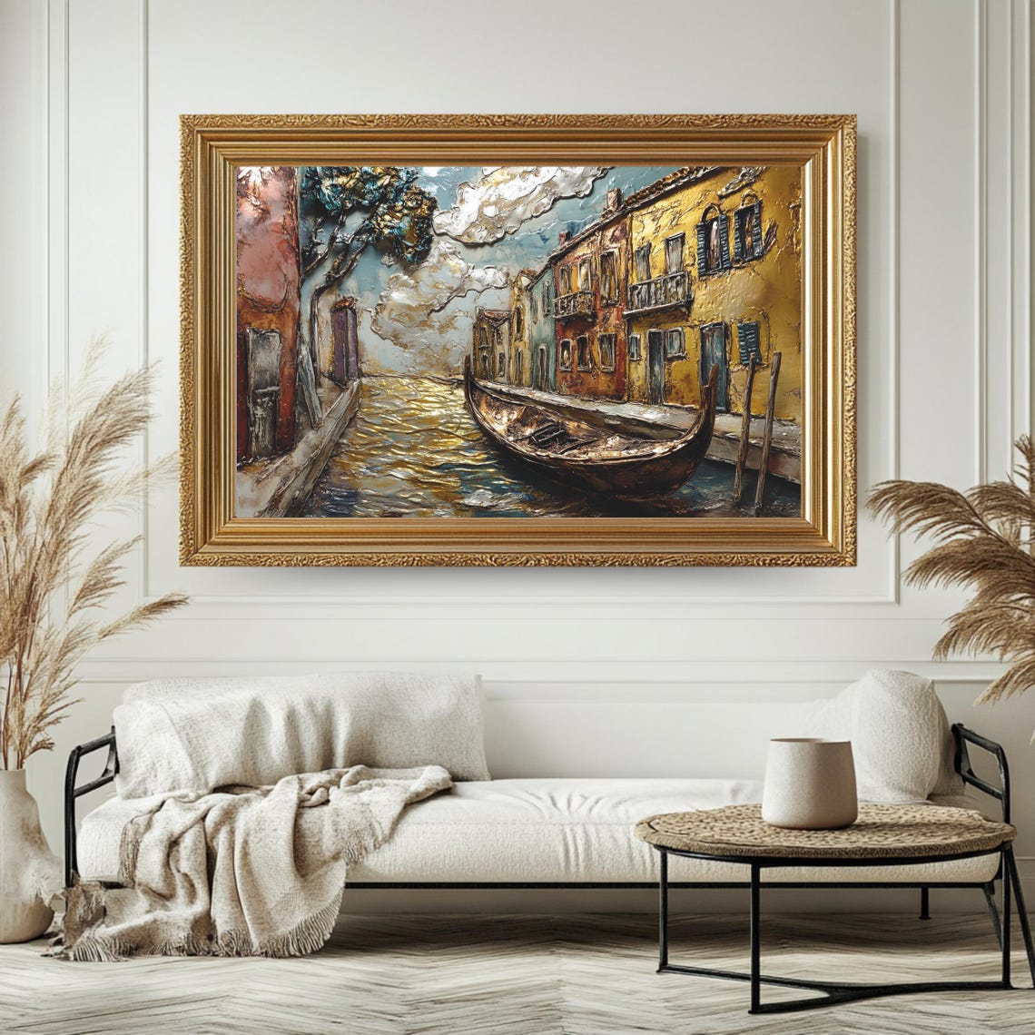 Venice Gondola Canal Textured Golden Impasto Italian Cityscape Poster - Image 4
