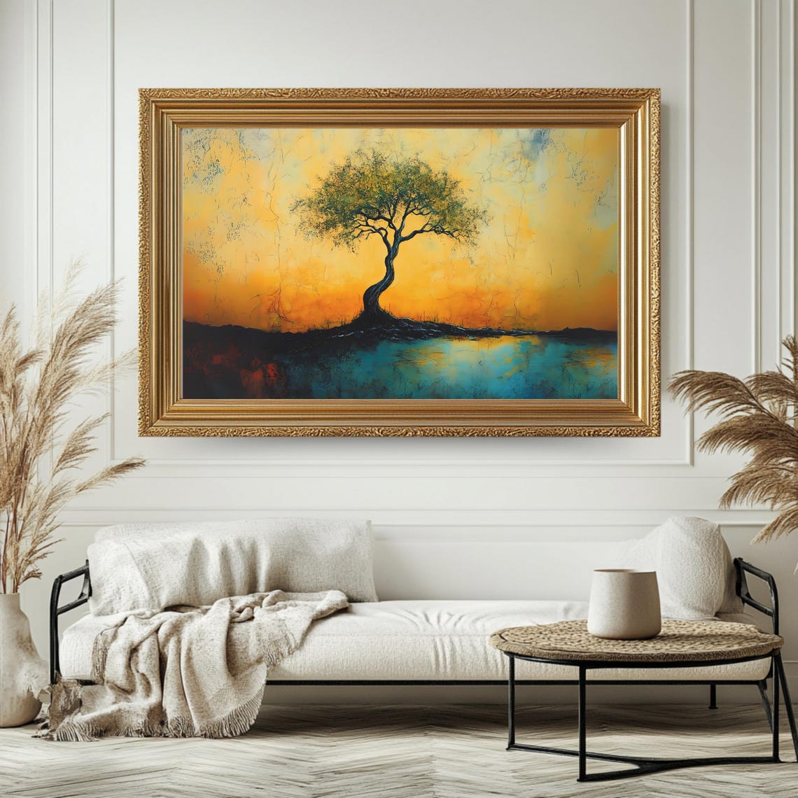 Lone Twisted Tree Sunset Golden Sky Teal Waters Dramatic Art Poster - Image 4