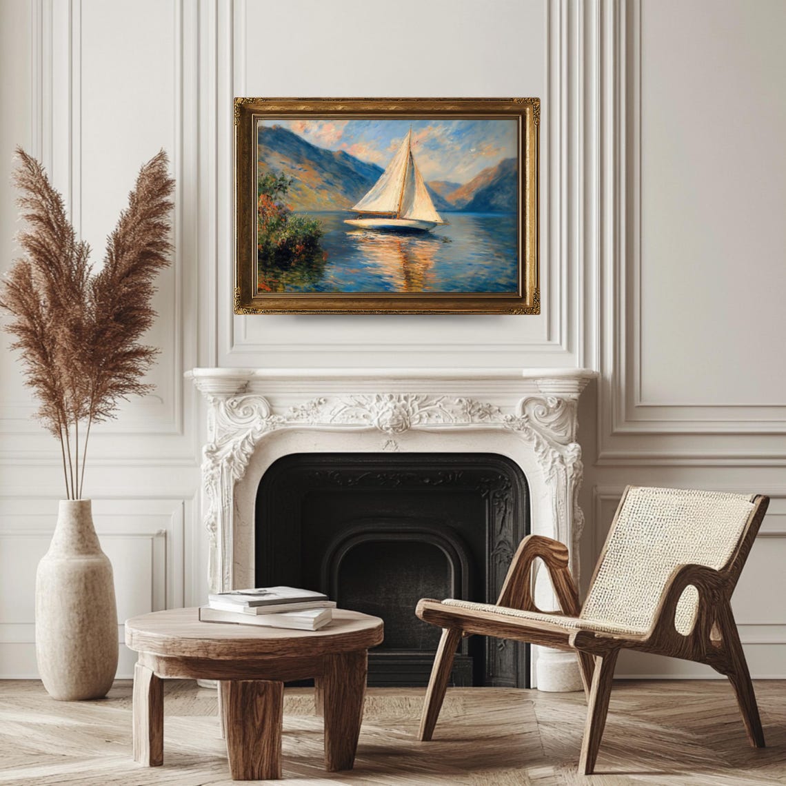 Antique Sailboat Wall Art Vintage Nautical Landscape Rustic Lakeside Artwork - Image 3