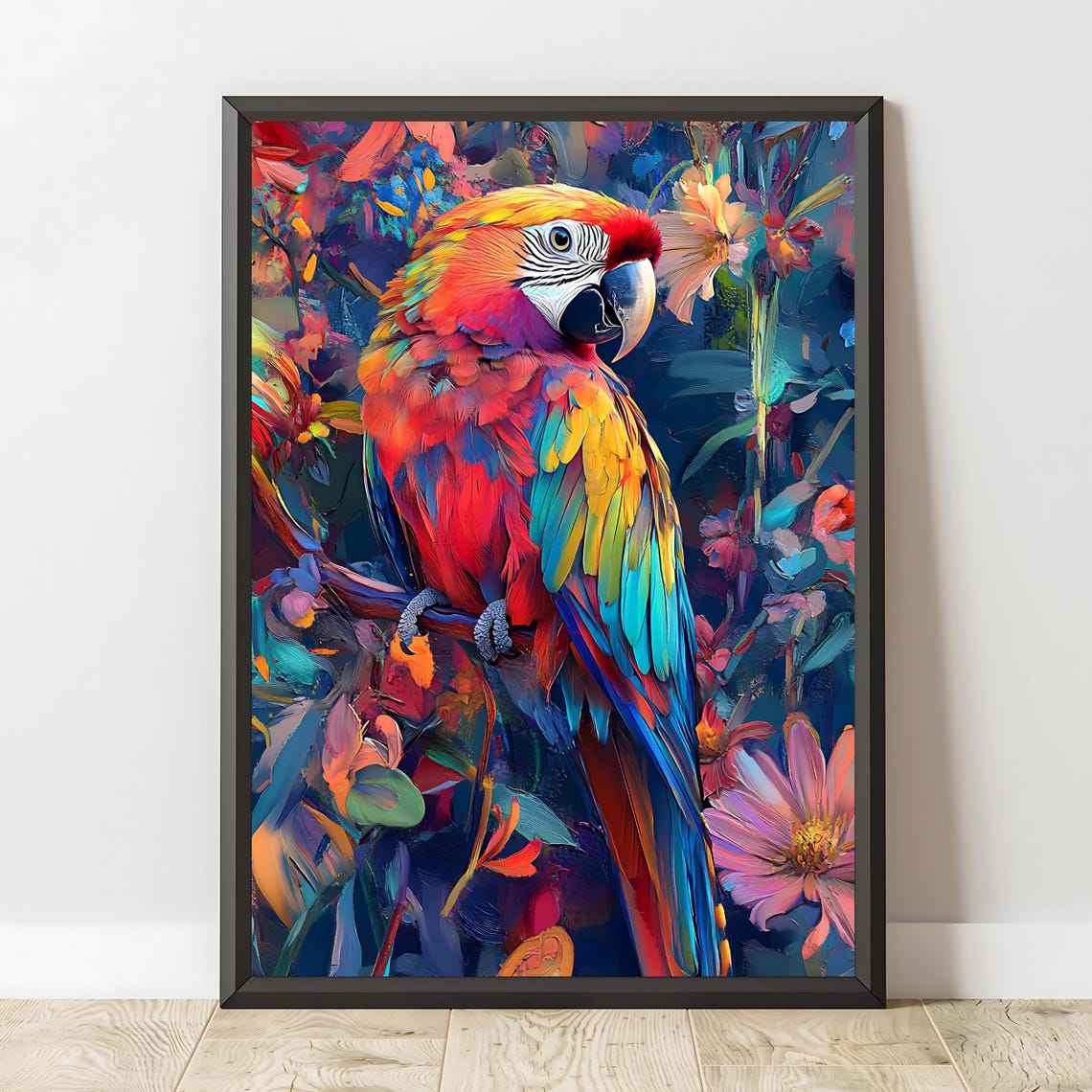 Scarlet Macaw Parrot Colorful Tropical Flowers Exotic Bird Art Print - Image 2