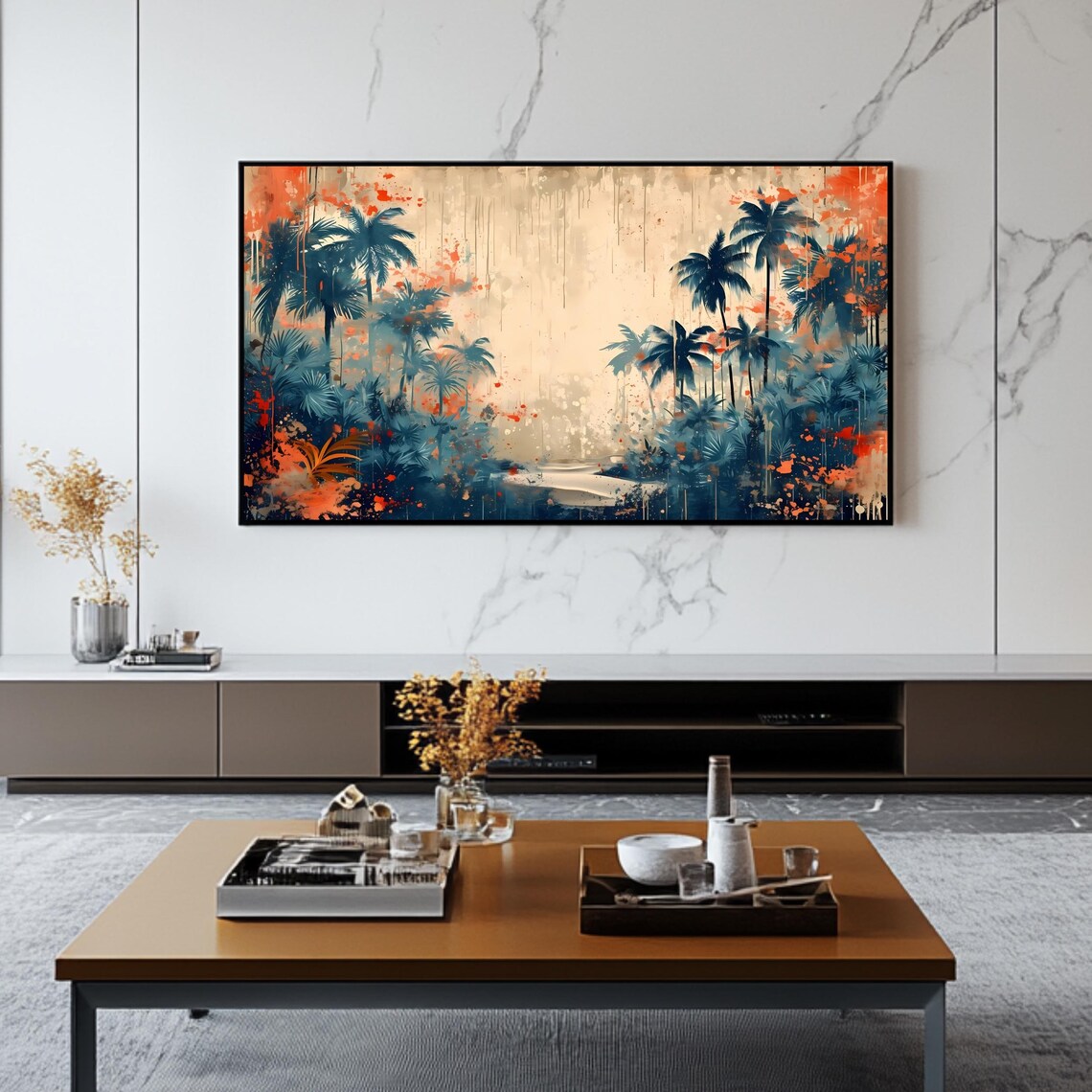 Tropical Palm Grove Blue Orange Abstract Botanical Art Poster - Image 2
