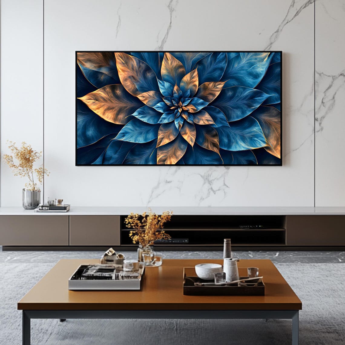 Blue And Gold Abstract Blooming Flower Mandala Modern Art Poster - Image 2