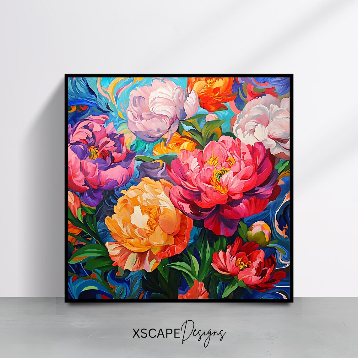 Vibrant Peony Blossoms Colorful Swirl Botanical Floral Painting Print
