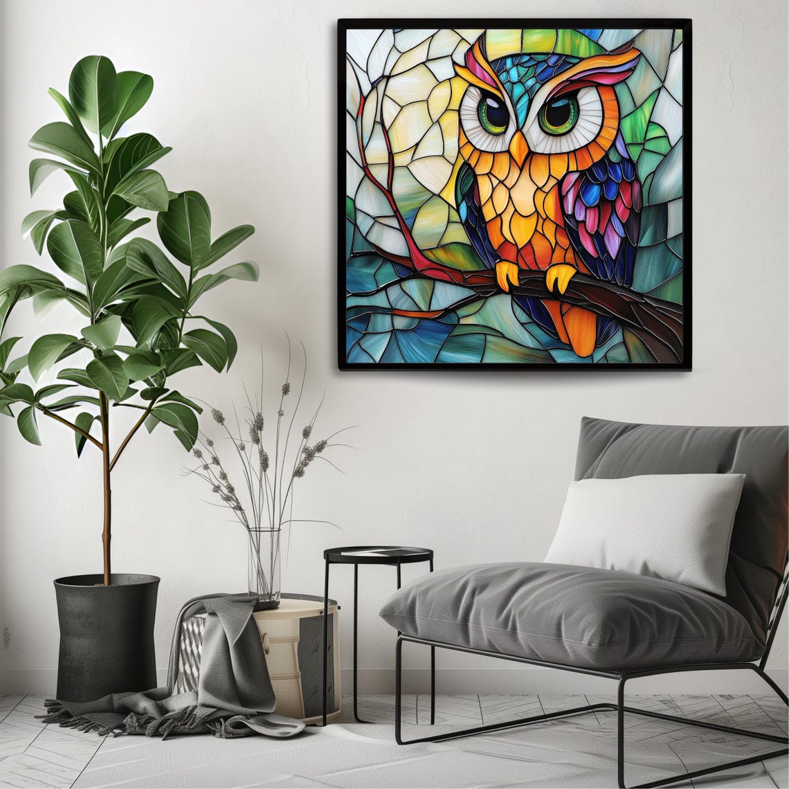 Stained Glass Owl On Branch Colorful Wildlife Mosaic Wall Art Poster - Image 3