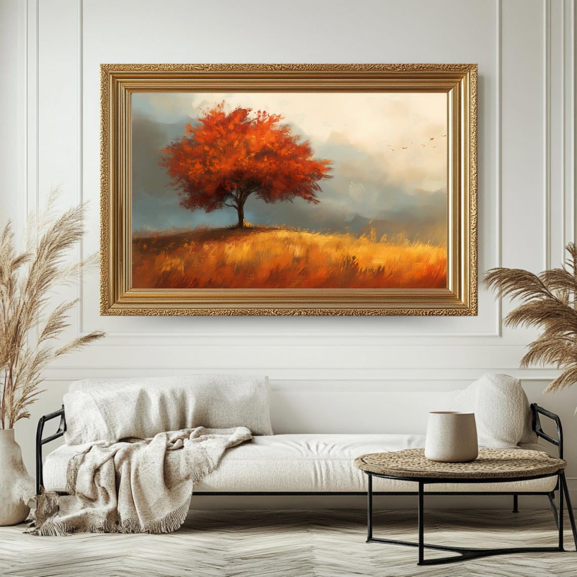 Red Autumn Tree Golden Hill Fall Foliage Meadow Landscape Wall Art - Image 4