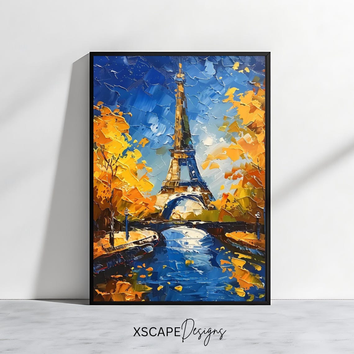 Paris Eiffel Tower Autumn Gold Foliage Night Sky Impasto Art Poster