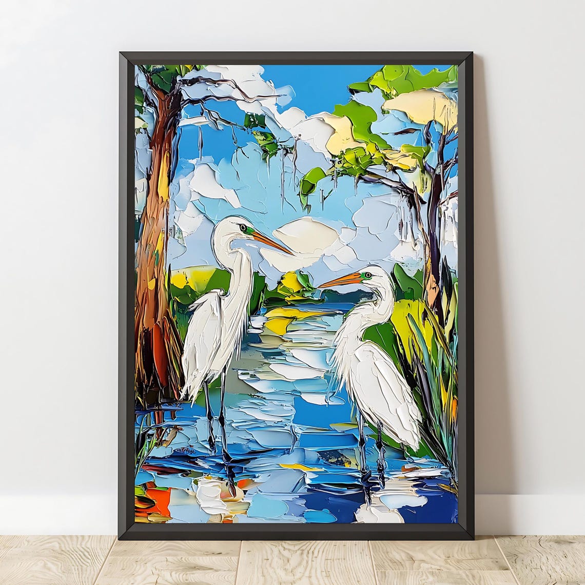 Great White Egret Wetland Impasto Oil Painting Coastal Bird Wall Art - Image 2