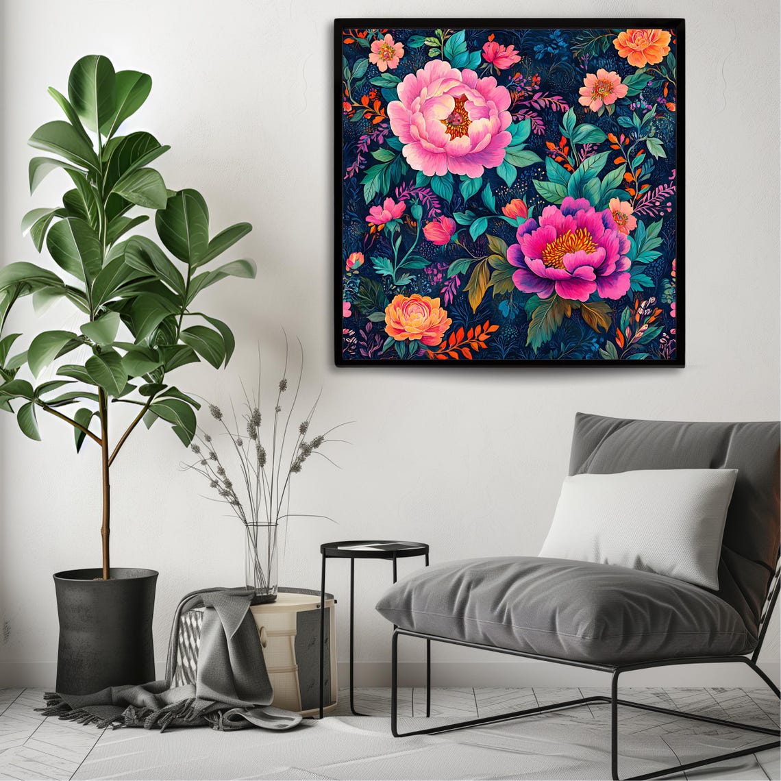 Vibrant Pink Peony Floral Pattern Midnight Blue Botanical Art Print - Image 3