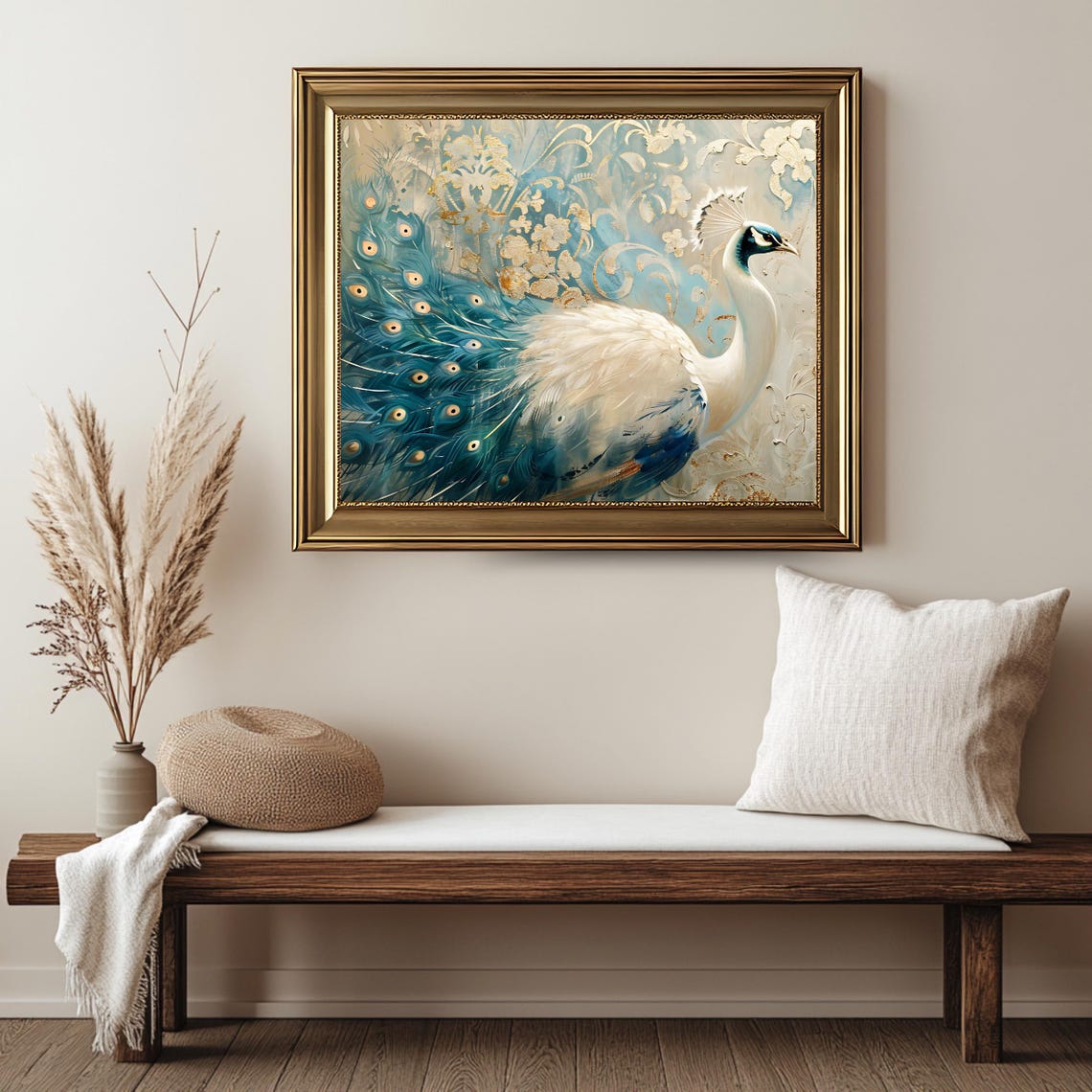 Elegant White Peacock Teal Tail Feathers Gold Damask Animal Wall Art - Image 2