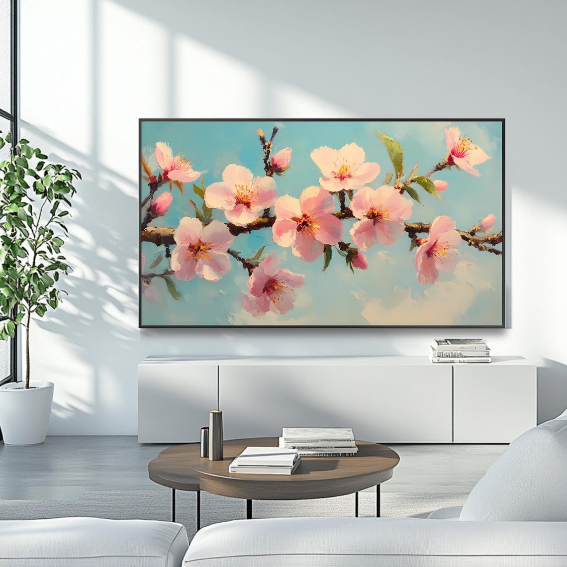Pink Spring Cherry Blossom Branches Soft Blue Sky Floral Art Poster - Image 4